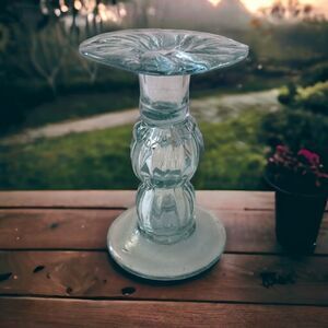 Hand Blown Art Glass Candlestick Holder Taper SINGLE ICY Blue Mexico Beachy Vtg.